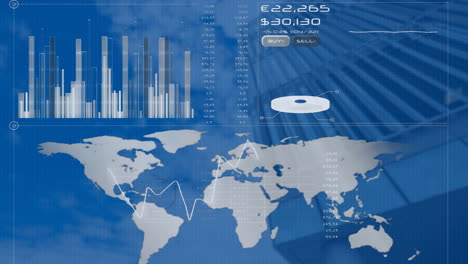 animación de la interfaz con procesamiento de datos sobre el mapa del mundo contra vista de ángulo bajo de un edificio alto.
