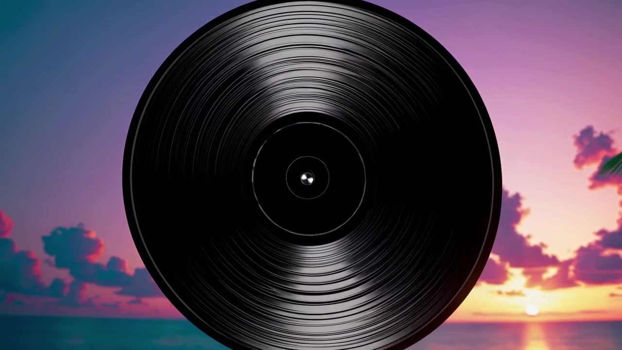 Classico disco in vinile che ruota davanti a un tramonto tropicale