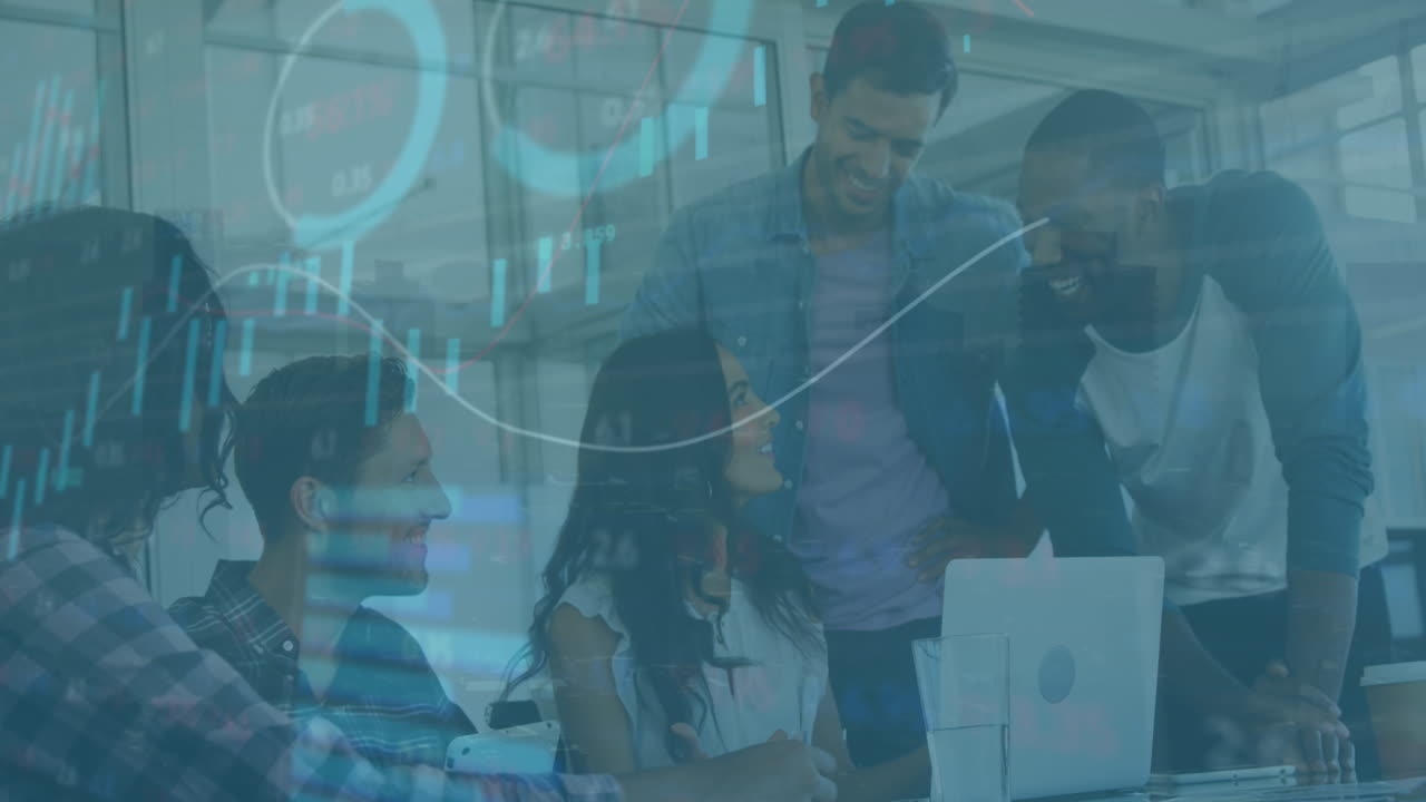 Animation of statistical data processing against diverse colleagues discussing over laptop at office