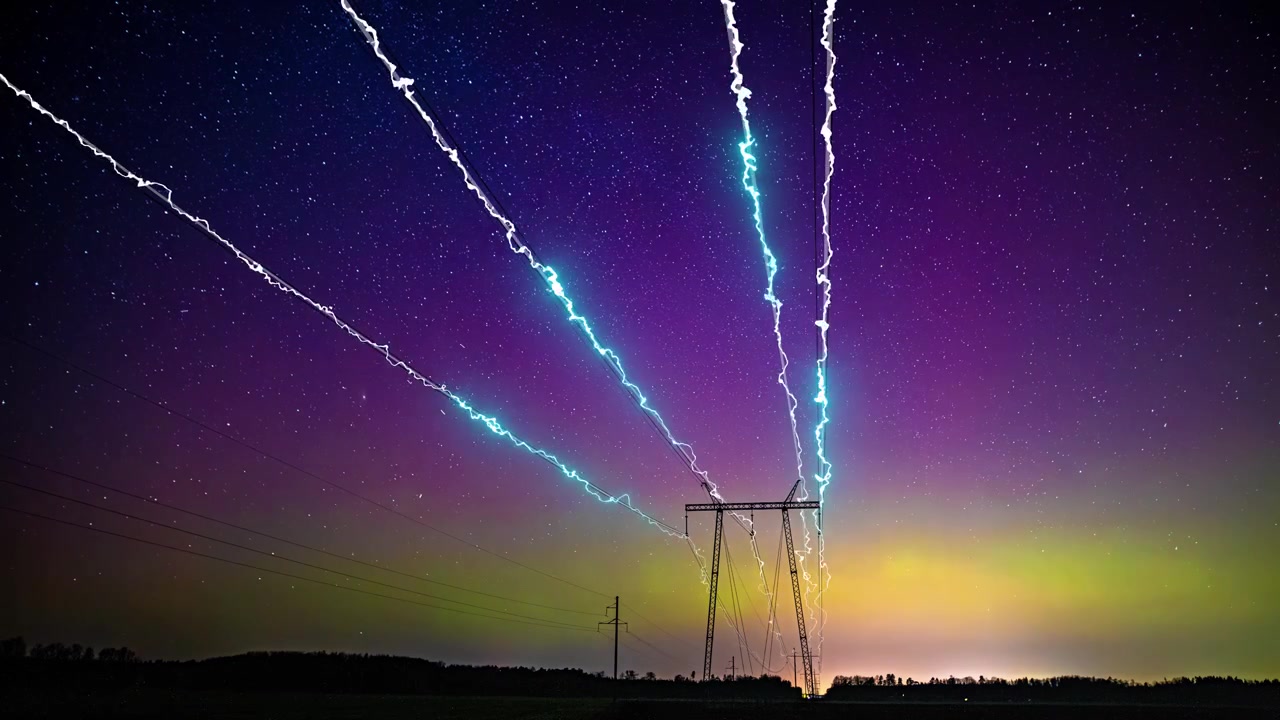 Timelapse of pylon power grid infrastructure with energy flow animation beneath a vivid aurora borealis night sky