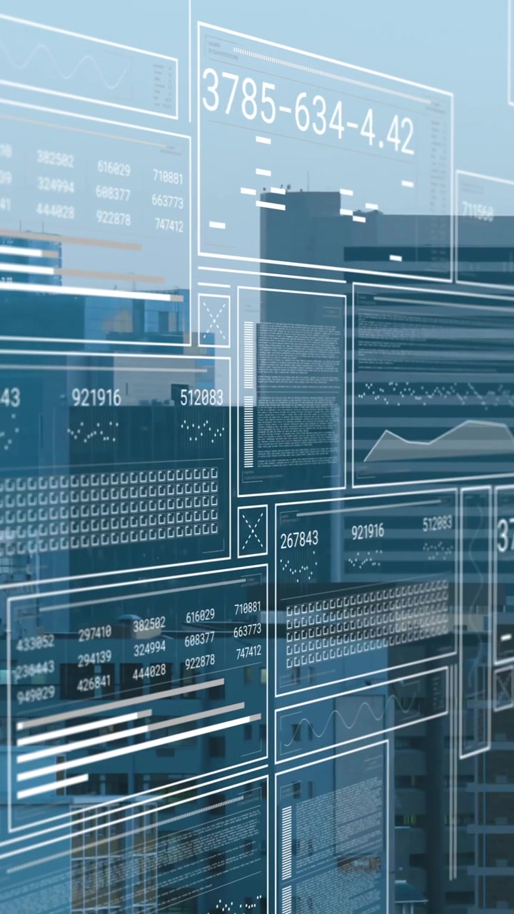 Animasjon som overlapper digitale datagrensesnitt på et bylandskap, og viser teknologiintegrasjon