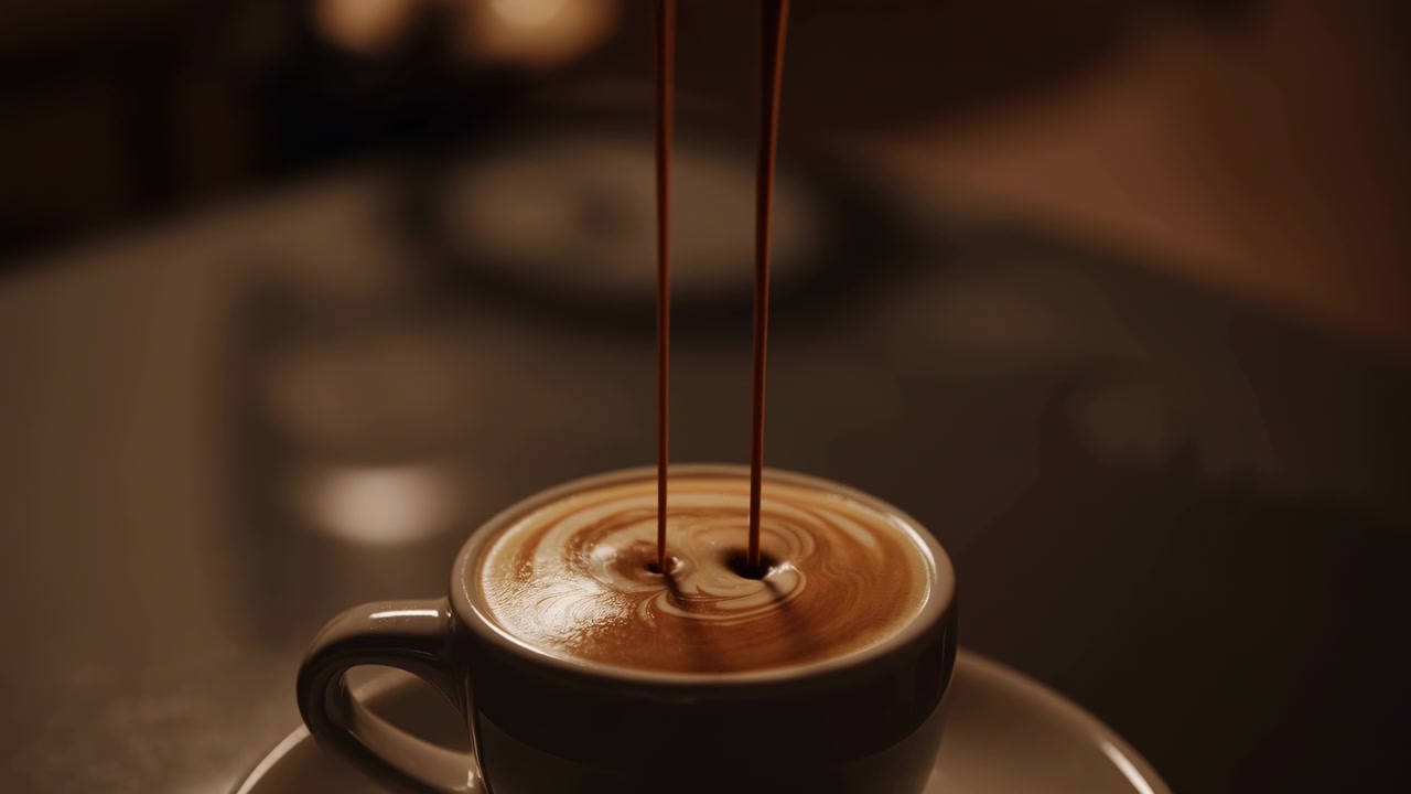 To smalle stråler mørk espresso falder ned i en keramisk kop, der danner en hvirvlende crema-vortex, glinsende krusninger og fløjlsblødt skum under varmt cafelys, hvilket skaber raffineret drikkevarebevægelse, rig tekstur og.