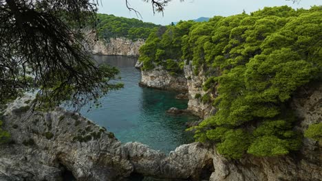 Kalamota-Island,-Adriatic-Sea,-Croatia---The-Contrast-of-Clear-Blue-Waters-Against-the-Rugged,-Vegetated-Rocky-Shoreline---Drone-Flying-Forward