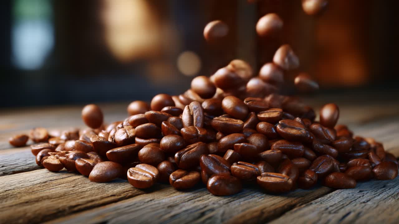 Nærbillede af frodige kaffebønner stablet på et rustikt træbord, der fanger deres rige, brune farve og teksturerede overflade i en kunstnerisk præsentation