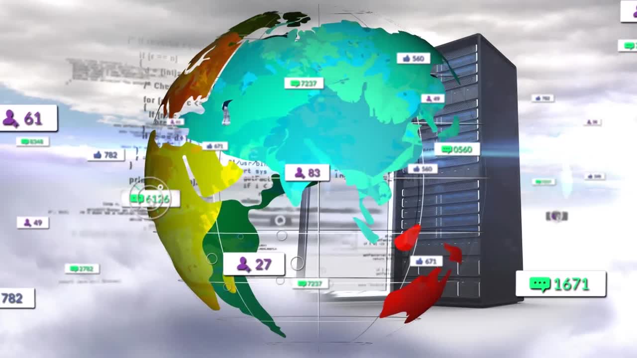 미디어 아이콘의 애니메이션과 전 세계와 서버에서 데이터 처리
