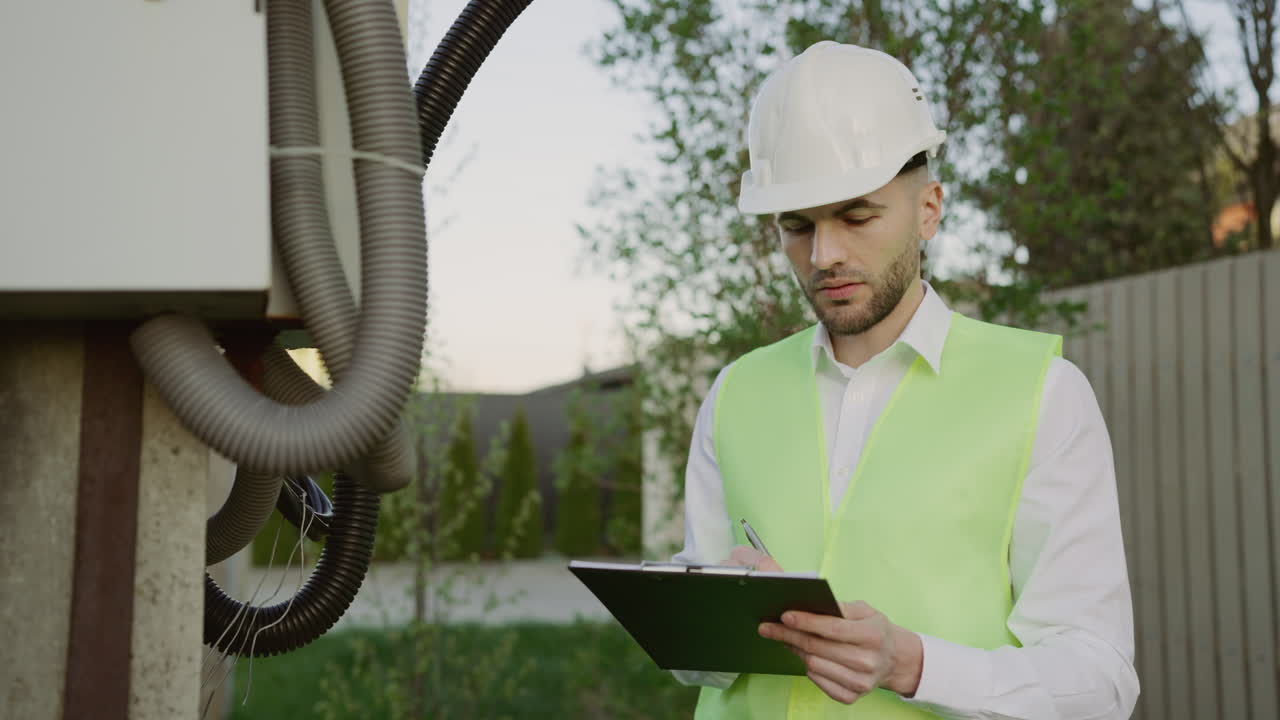 Engineer or worker inspecting equipment outdoors