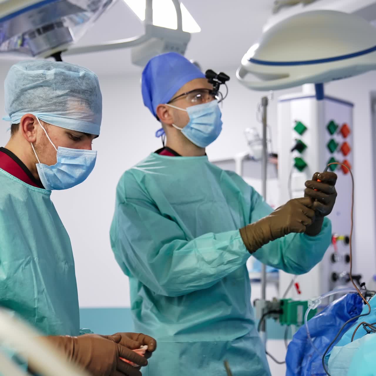 Male surgeon changes instruments during operation. Doctor's assistant cleans the tools. Modern operation theater with advanced equipment