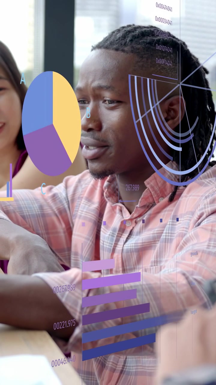 Vertical video: Lead leaning forward and starting speech showing office data with overlaying charts