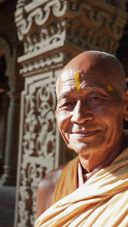 portrait of an elderly monk smiling in a temple