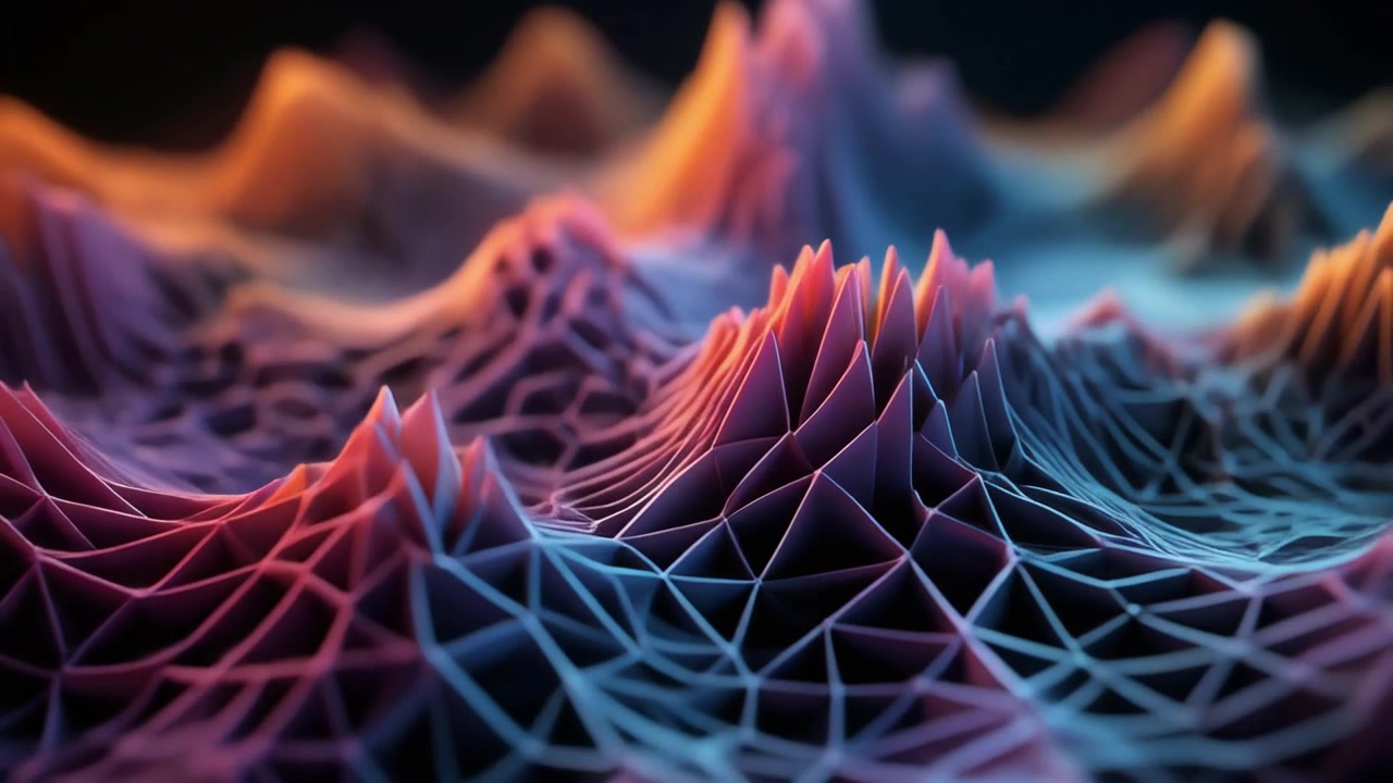 Abstract Digital Landscape with Glowing Geometric Mesh Waves