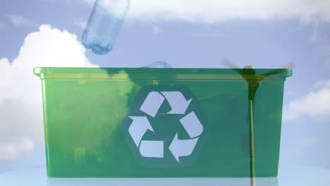 animación de un cartel de reciclaje verde sobre una caja con cajas de plástico y turbina eólica