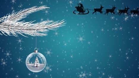 Animation-of-santa-claus-in-sleigh-with-reindeer-over-snow-falling-and-christmas-bauble
