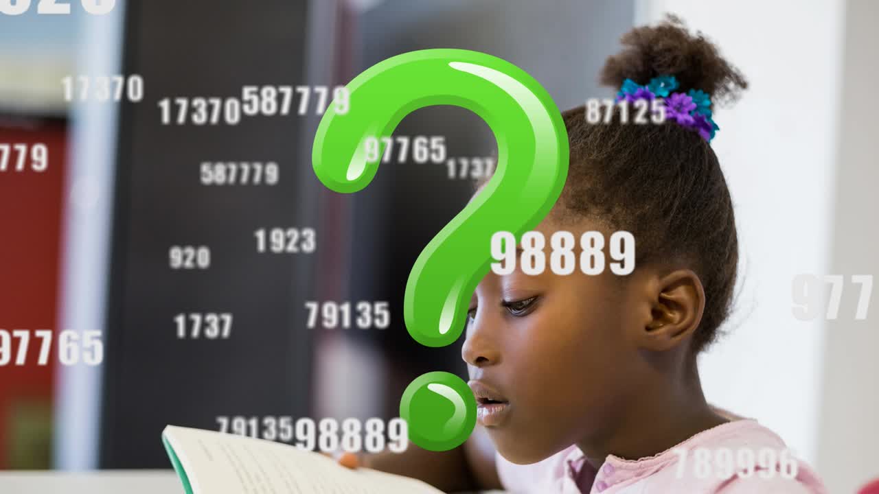 Animation of growing numbers and question mark over african american schoolgirl