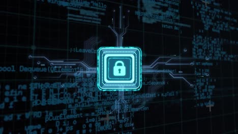 Animation of data processing with online security padlock over computer circuit board