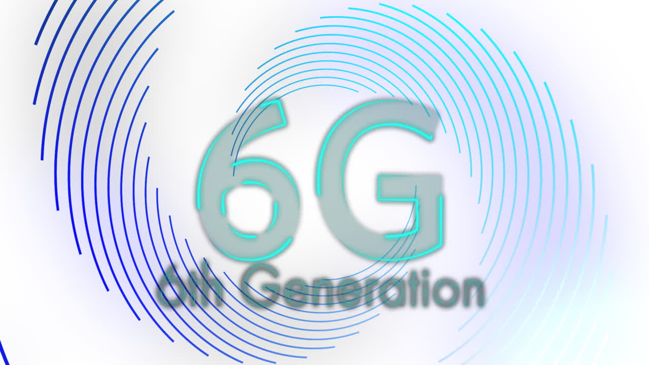 animación de texto de 6g, sexta generación sobre líneas espirales azules procesamiento en fondo blanco