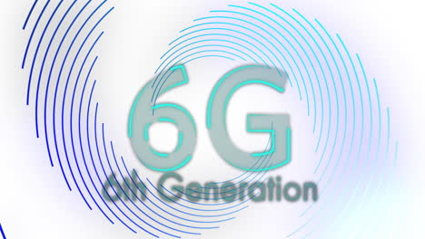 animation of 6g, 6th generation text over blue spiral lines processing on white background