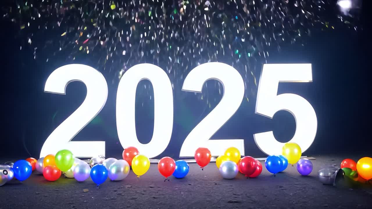 Happy New Year 2025: A Celebration with Balloons and Confetti