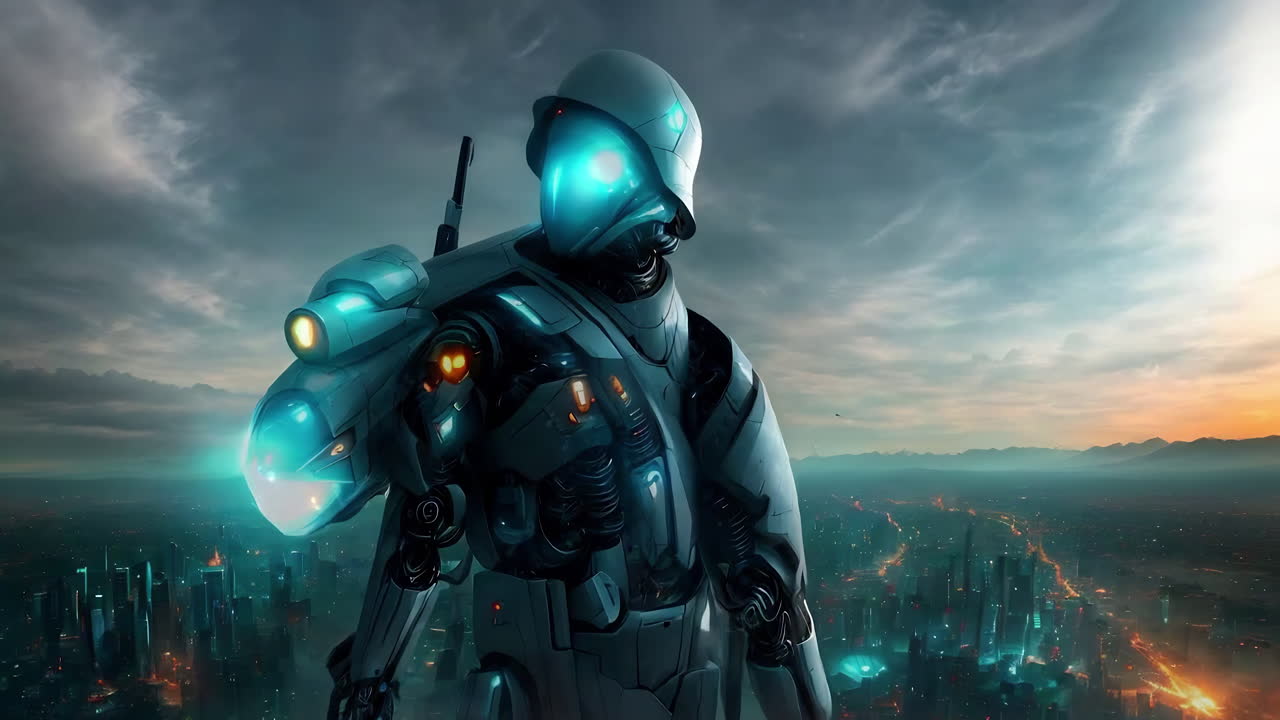 Cyberpunk Robot Sentinel in Futuristic Cityscape