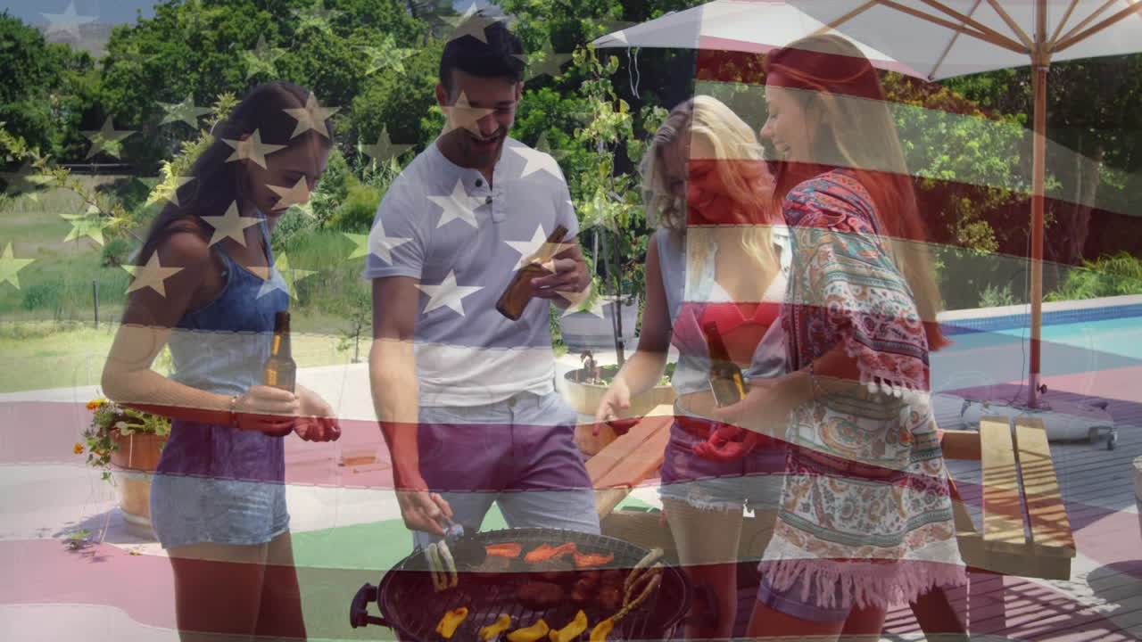 animación de la bandera estadounidense, hombre caucásico colocando rompecabezas, amigos diversos hablando sosteniendo bebidas