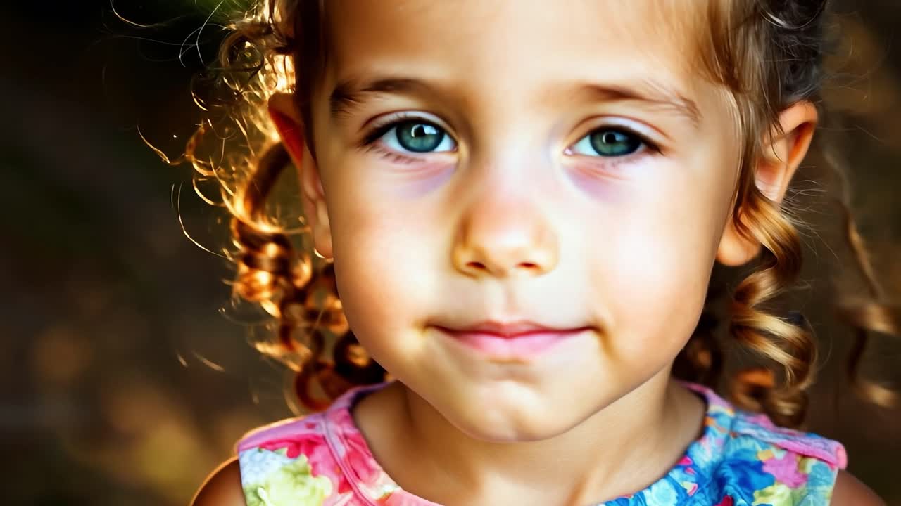 Uma menina com olhos grandes sorri de forma brincalhona para a câmera