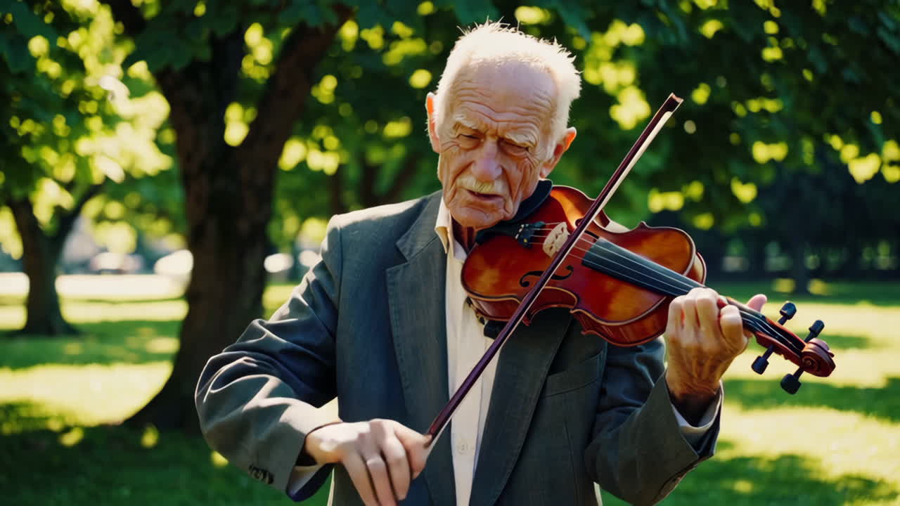 Elderly Man Playing Violin in a Park