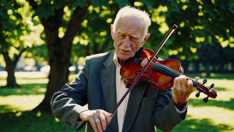 elderly man playing violin in a park