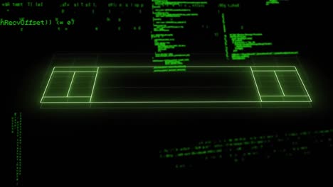 animation of illuminated sports court over computer language against black background