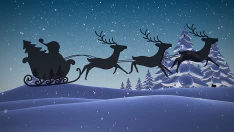 Animation-Des-Weihnachtsmanns-In-Schlittensilhouette,-Der-über-Verschneite-Winterlandschaft-Fliegt