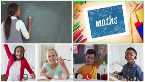 animation of six screens of diverse children, teacher and maths text during online school lesson