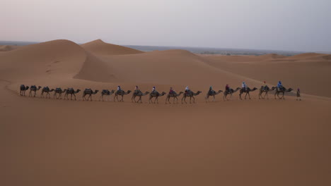 fila de camellos con jinetes en el desierto del sahara en las dunas de merzouga