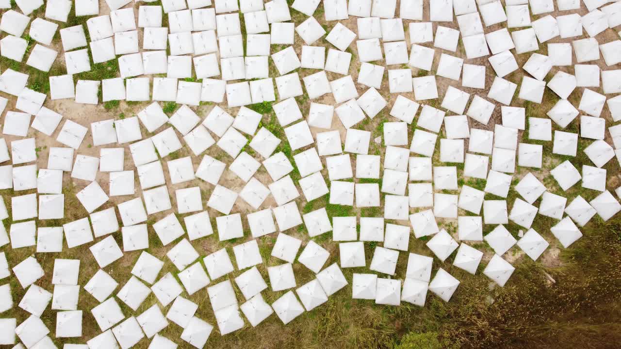 Dragon teeth protection system ready to be transported, aerial drone view