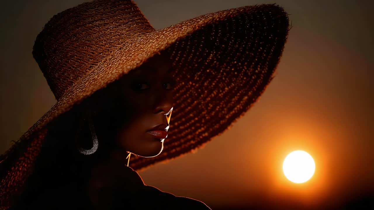 A striking silhouette of a woman wearing a wide-brimmed straw hat set against a breathtaking sunset, capturing the interplay of light and shadow in a mesmerizing moment