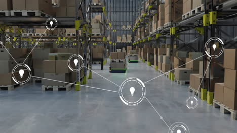 animation of network of connections with icons over robots working in warehouse