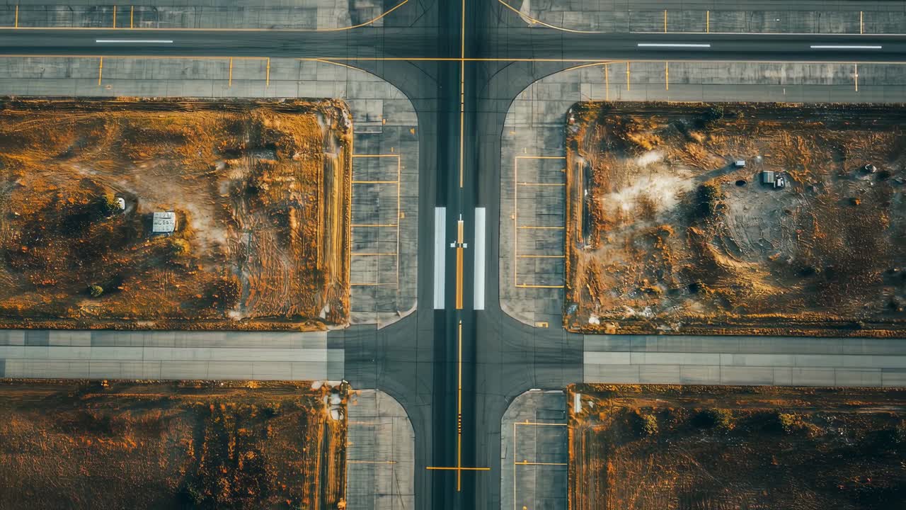 Airport intersection revealing geometric taxiways and runways spreading across surrounding landscape, capturing expansive transportation infrastructure from aerial perspective