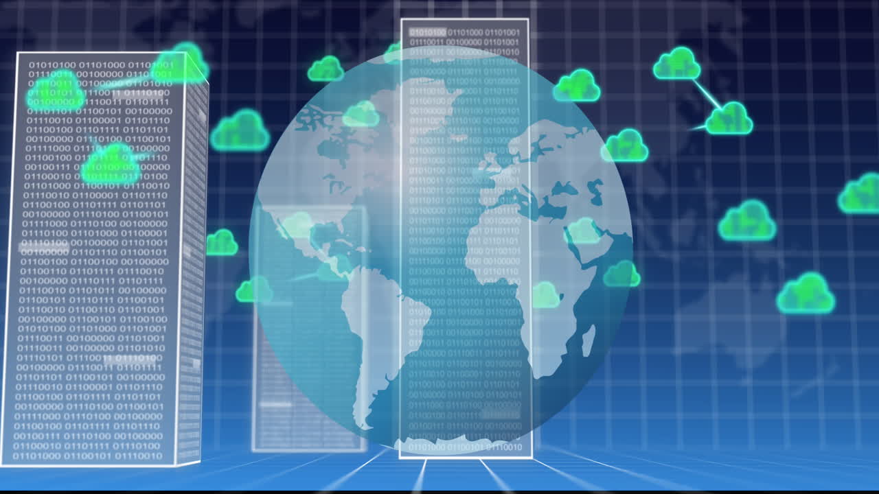 지구, 구름 및 바이너리 데이터의 애니메이션 그리드 및 세계 지도