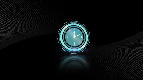 animación de un reloj con manecillas giratorias y líneas curvas paralelas blancas sobre fondo negro