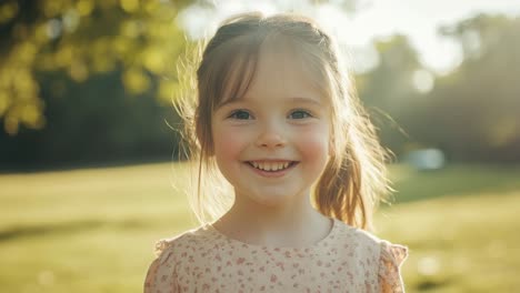 a joyful child smiles in a sunlit park, captured in a close-up, eye-level angle