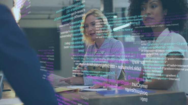 Animation of financial data processing over diverse business people in office