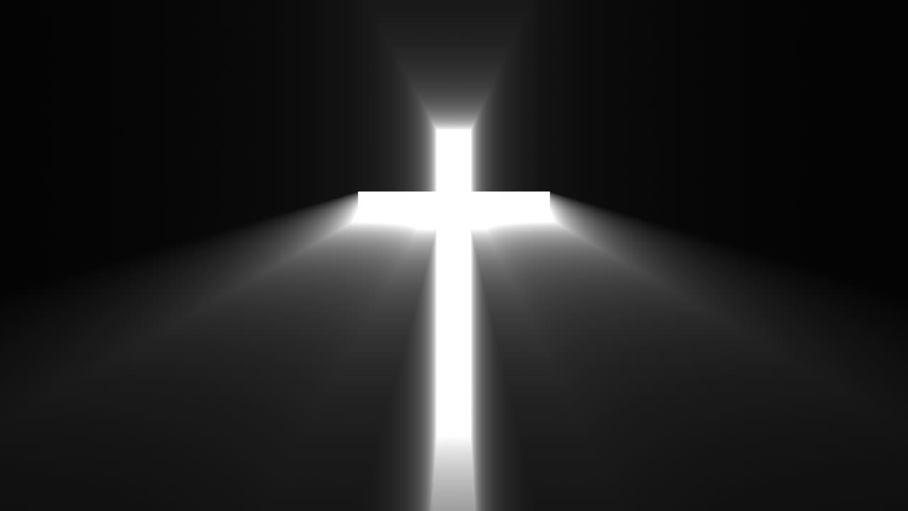 Raggi di luce che brillano da una croce cristiana bianca, simbolo religioso su sfondo nero. Presentazioni religiose, sfondi per il culto e branding minimalista a tema fede. Animazione 4K