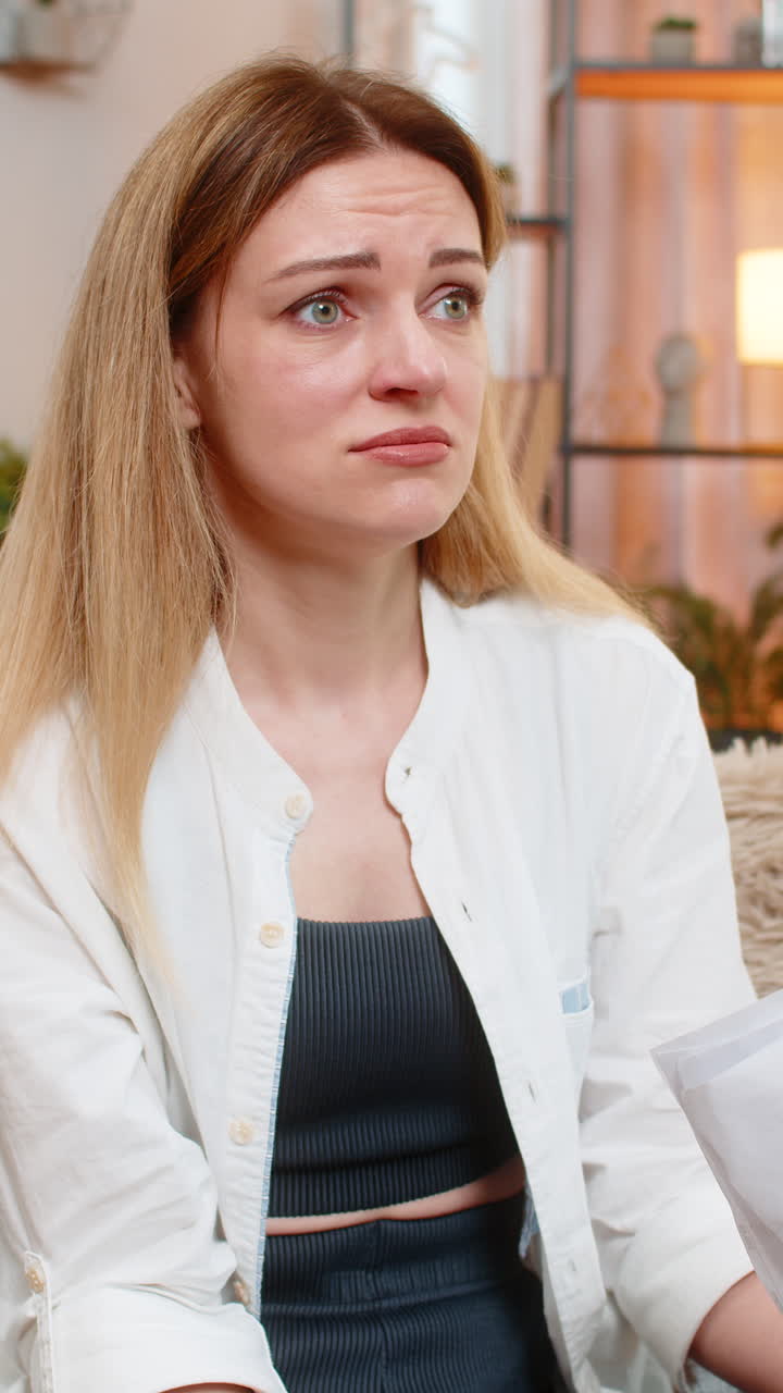 Adult woman reacting to financial stress at home reading utility bills sad worried expression stress