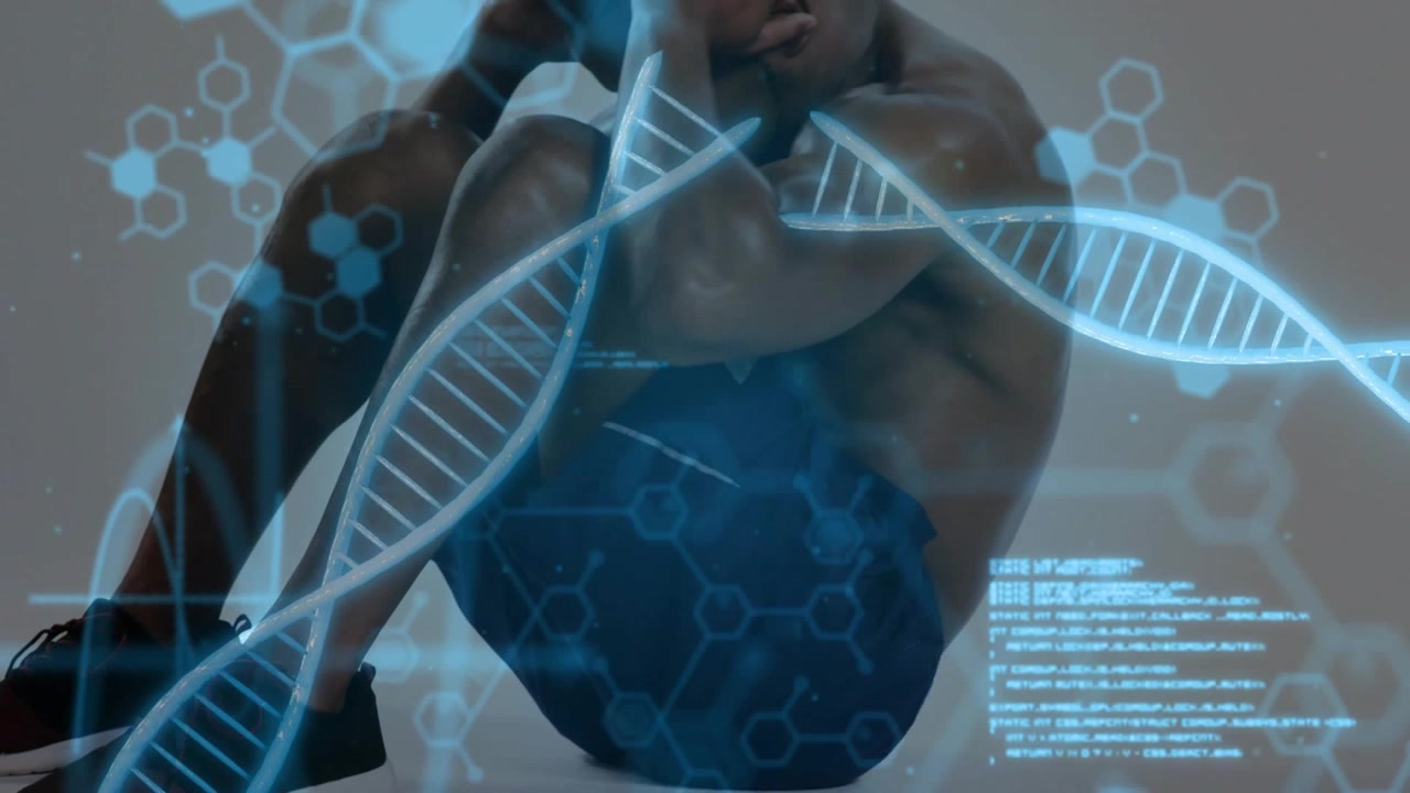 Con sovrapposizioni di codice DNA che appaiono sul busto, un uomo fa addominali in studio mostrando dati di fitness.