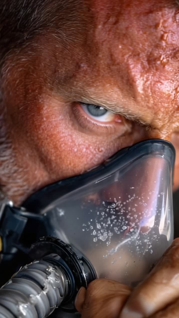 Primo piano intenso di un sub con una maschera schizzata d'acqua, che rivela determinazione e concentrazione in condizioni estreme in una scena di esplorazione subacquea