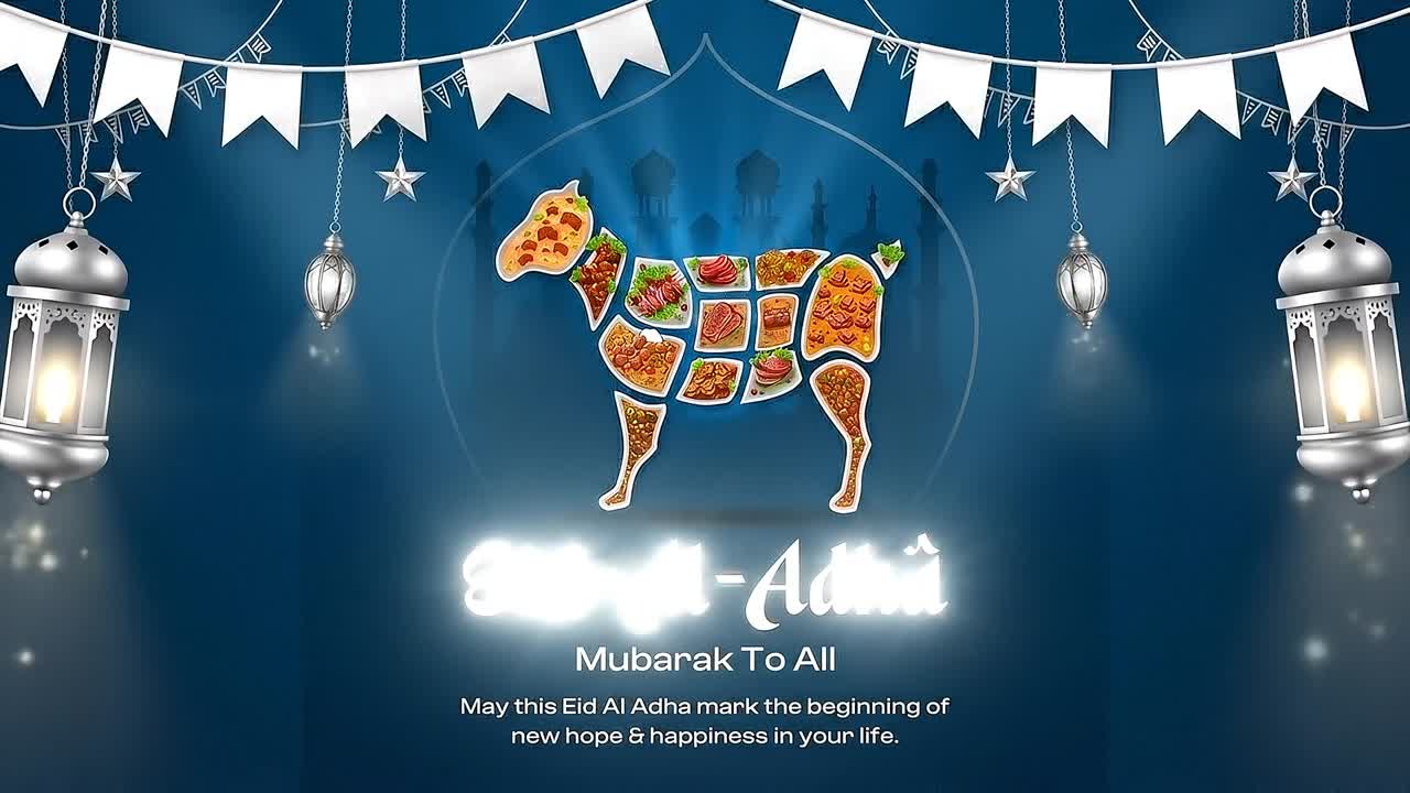 Banner di auguri per Eid al-Adha con pecore decorative fatte di icone alimentari, lanterne appese e sfondo con silhouette di moschea.