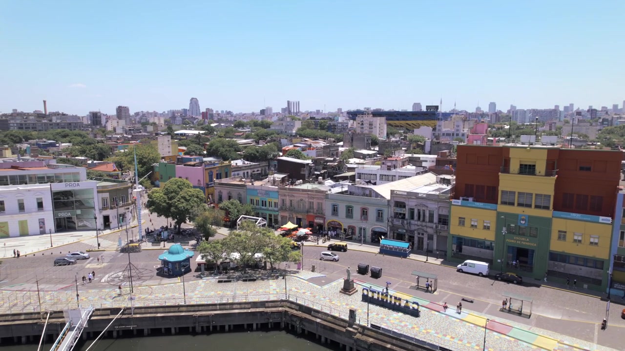 4K drone aerial view of Caminito in La Boca, Buenos Aires, Argentina. Colorful streets, historic buildings and one of the city’s most iconic cultural and tourist attractions.