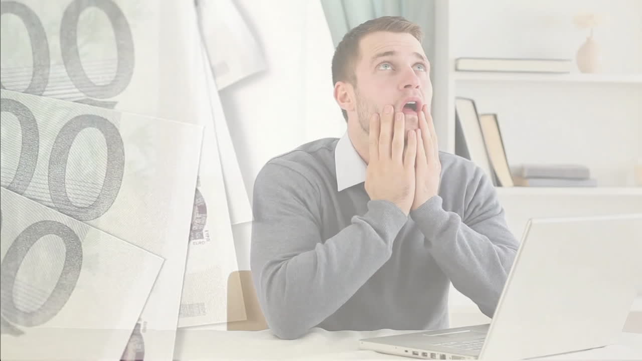 노트북을 사용하는 백인 남성 위에 유로 지폐의 애니메이션