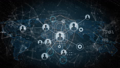 animation of network of connections over padlock and world map