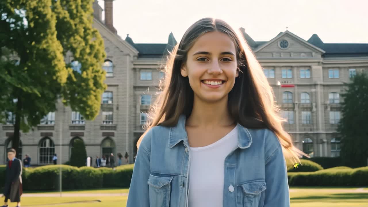 Una giovane donna sorride in un campus universitario