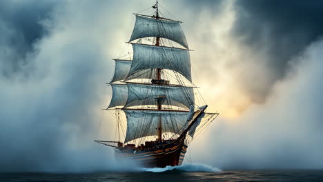 majestic sailing ship navigates stormy waters at sunset