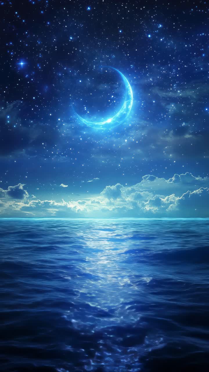 A serene, celestial scene with a crescent moon over a calm ocean, viewed from a low angle