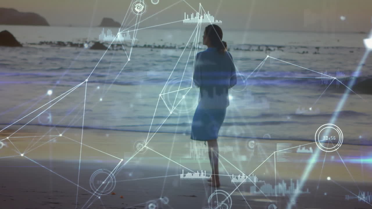 Person walking on beach with network connections and data processing animation